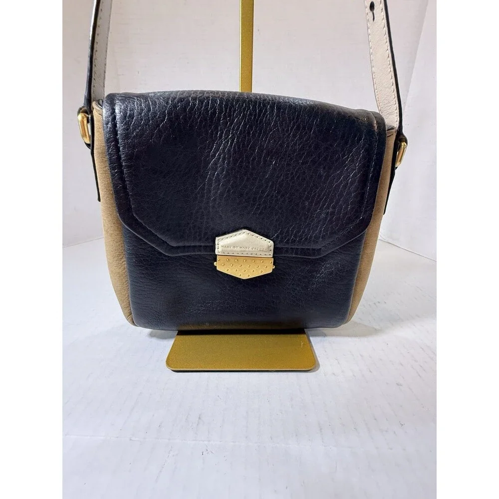 Marc By Marc‎ Jacobs Black White Leather, Camel Suede, Gold Buckle Handbag Purse